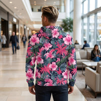 VIBRANT REBEL tropical floral zip hoodie with vibrant pink hibiscus flowers, lush green leaves, and bold botanical print
