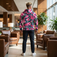 VIBRANT REBEL tropical floral zip hoodie with vibrant pink hibiscus flowers, lush green leaves, and bold botanical print