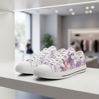ENVERA Lavender Bloom unisex low top canvas sneakers with soft lavender floral print, blush pink flowers, and watercolor botanical design