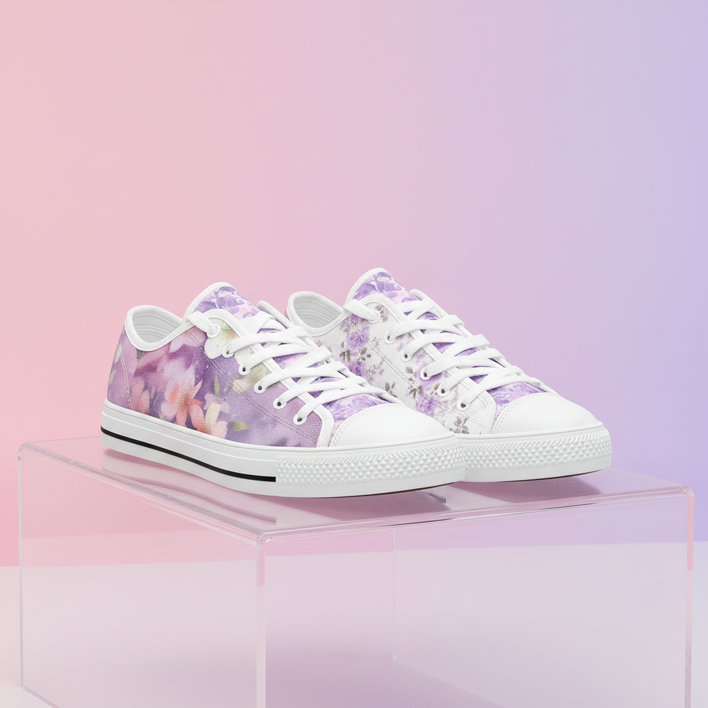 ENVERA Unisex Low Top Canvas Shoes "Lavender Bloom" | Soft Floral Sneakers | Pastel Canvas Shoes | Dreamy Spring Style