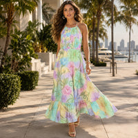 Pastel Watercolor Floral Maxi Dress | Vintage 60s Inspired Halter Dress | Cottagecore Summer Dress | Romantic Garden Party Maxi Dress