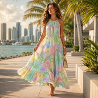 Pastel Watercolor Floral Maxi Dress | Vintage 60s Inspired Halter Dress | Cottagecore Summer Dress | Romantic Garden Party Maxi Dress