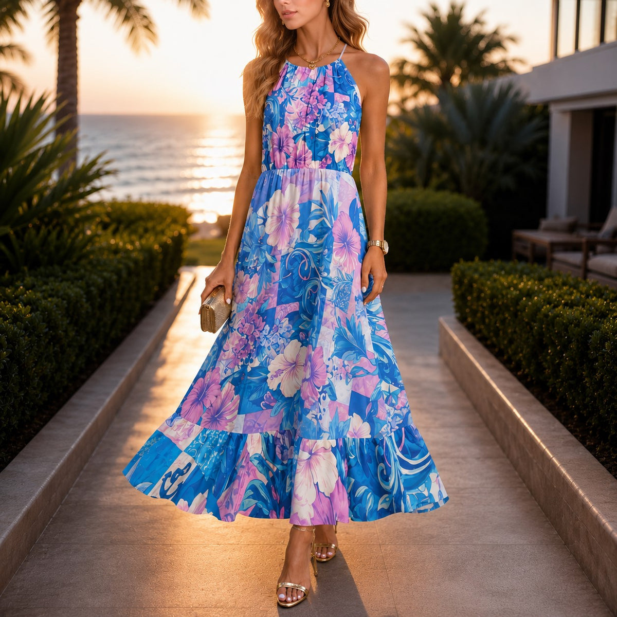 Women's French Riviera floral halter neck maxi dress in turquoise, lilac and soft pink, perfect for summer holidays