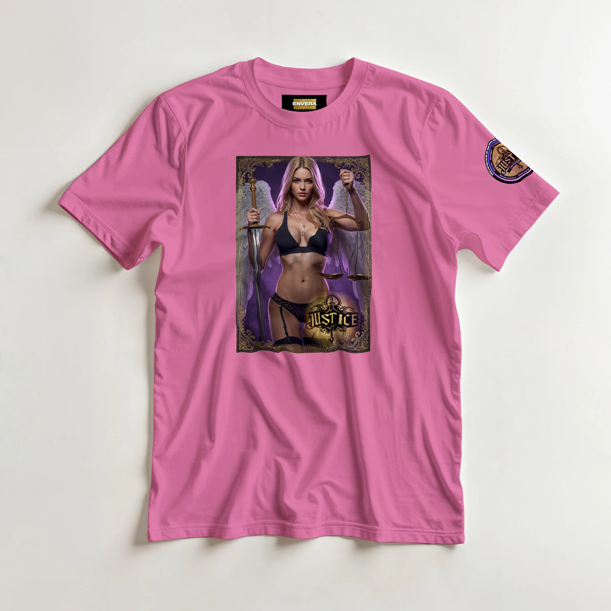 Justice Angel unisex T-shirt featuring a powerful blonde female winged angel holding a sword and balanced scales in a bold graphic design