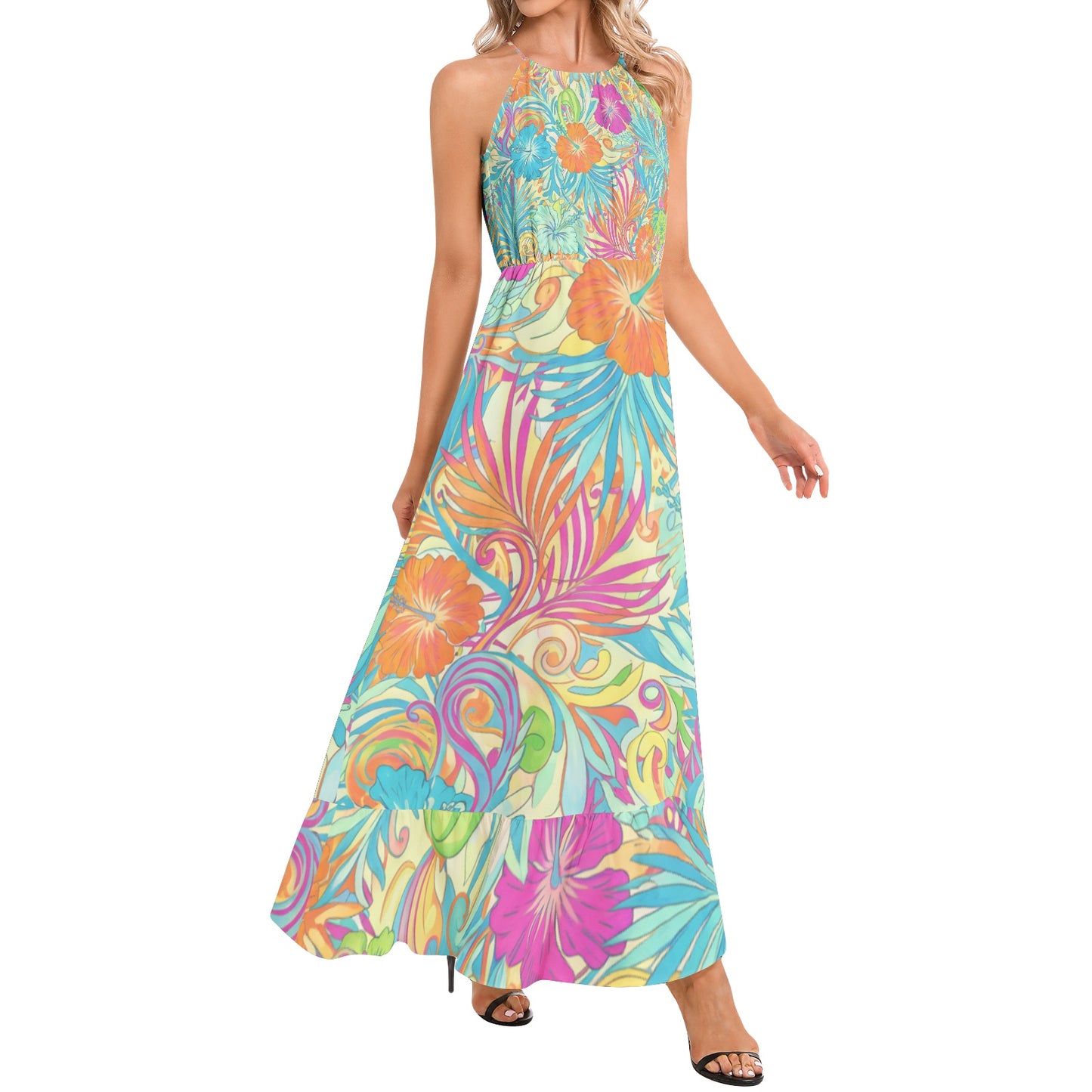 60s Inspired Tropical Hibiscus Maxi Dress in Turquoise, Orange & Hot Pink | Halter neckline Dress | Summer Dress