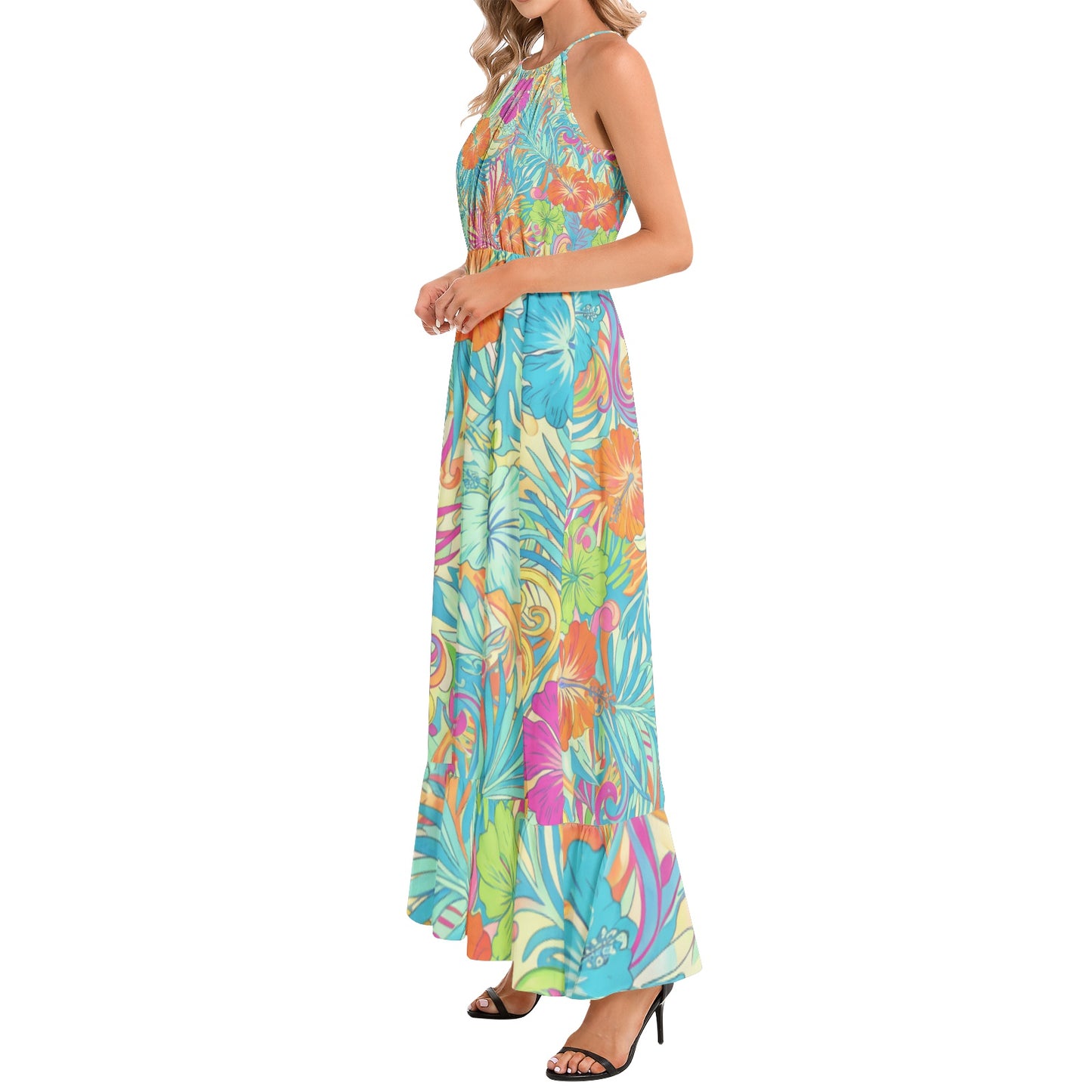 60s Inspired Tropical Hibiscus Maxi Dress in Turquoise, Orange & Hot Pink | Halter neckline Dress | Summer Dress
