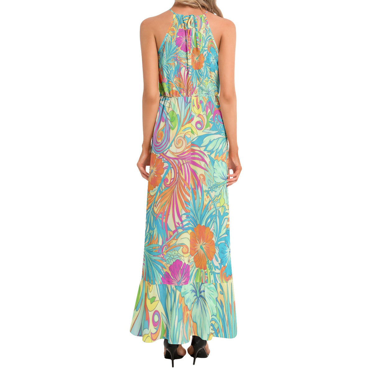 Women's boho tropical maxi dress with bold hibiscus flowers and colorful botanical artwork