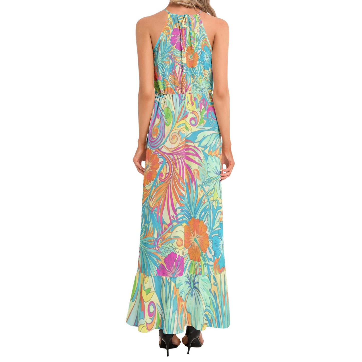 60s Inspired Tropical Hibiscus Maxi Dress in Turquoise, Orange & Hot Pink | Halter neckline Dress | Summer Dress
