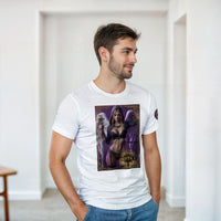 Justice Angel unisex T-shirt featuring a blonde female winged angel with sword and scales in a detailed bold graphic design