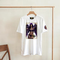 Justice Angel unisex T-shirt featuring a brunette female winged angel with sword and scales in a detailed bold graphic design