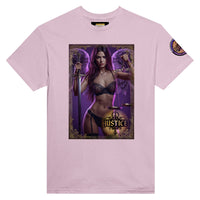 Justice Angel heavyweight unisex streetwear T-shirt featuring a powerful female winged angel holding a sword and balanced scales in a bold graphic design