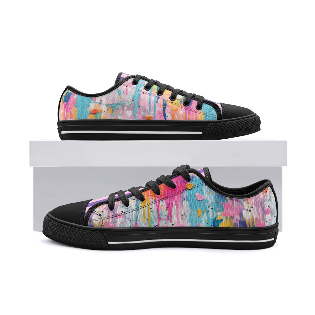 ENVERA colorful low top canvas sneakers with vibrant paint splash artwork and modern abstract design