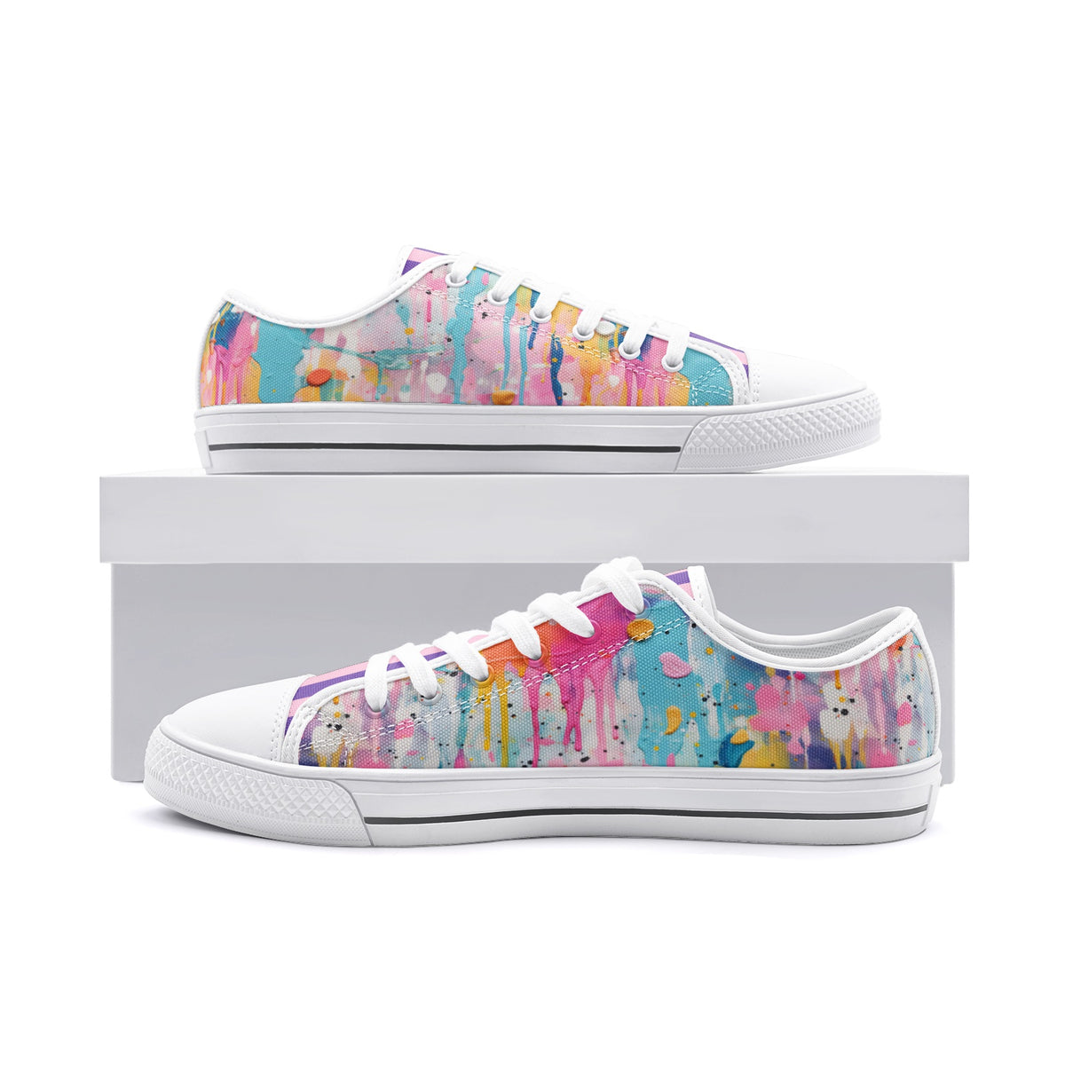 ENVERA colorful low top canvas sneakers with vibrant paint splash artwork and modern abstract design