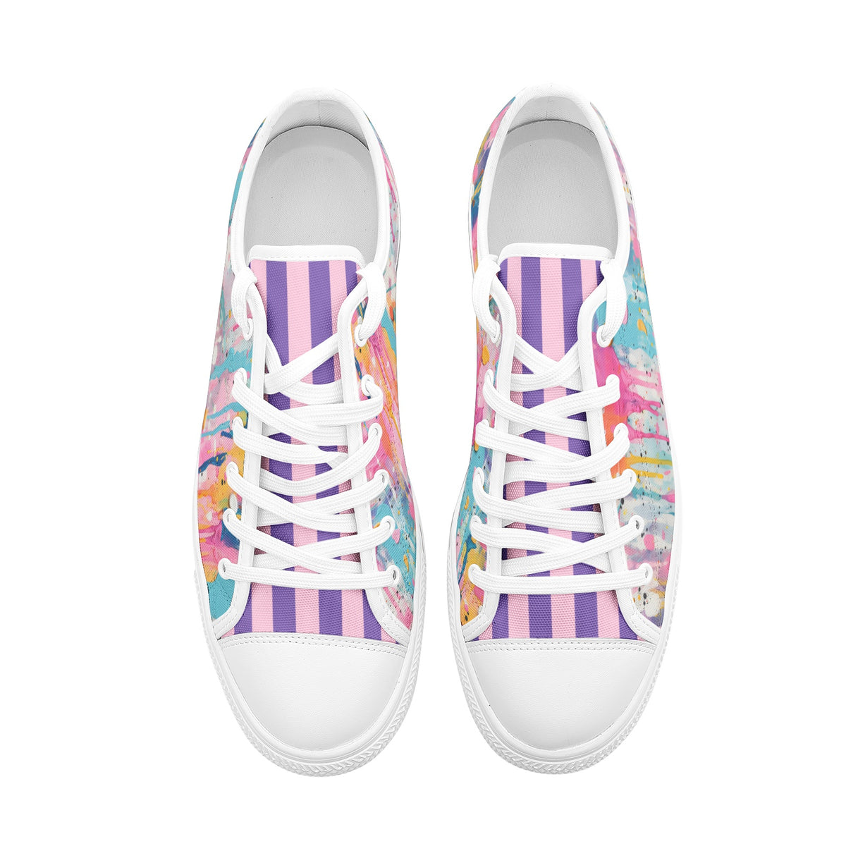 ENVERA colorful low top canvas sneakers with vibrant paint splash artwork and modern abstract design