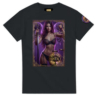 Justice Angel heavyweight unisex streetwear T-shirt featuring a powerful female winged angel holding a sword and balanced scales in a bold graphic design