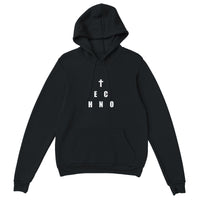 Heavenly Techno Angels unisex streetwear hoodie featuring cloud DJ girls graphic with techno rave theme and “we are spinning techno up here” design