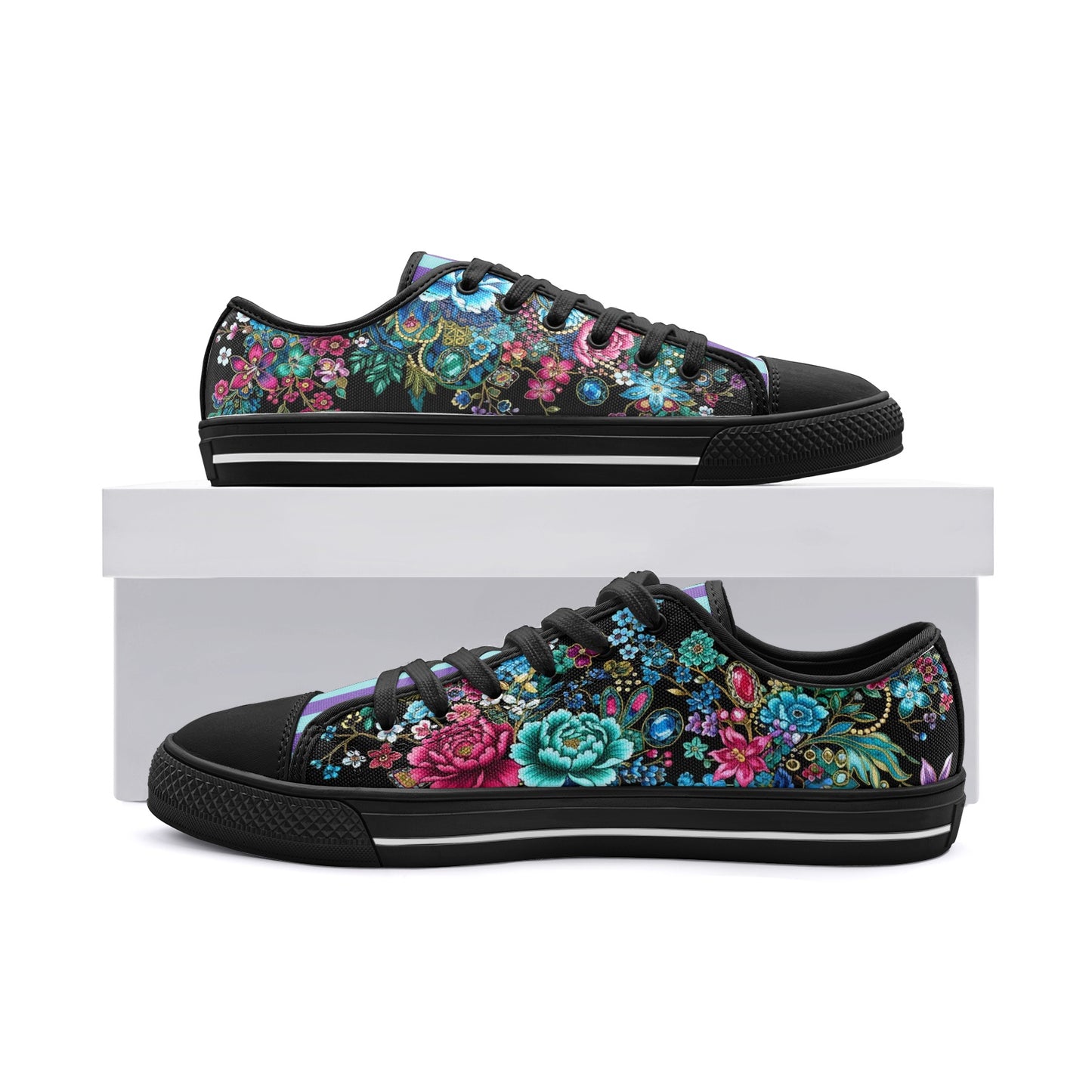 ENVERA Unisex Low Top Canvas Shoes "Midnight Bloom" | Colorful Floral Sneakers | Vibrant Floral Footwear | Vivid Designer Shoes