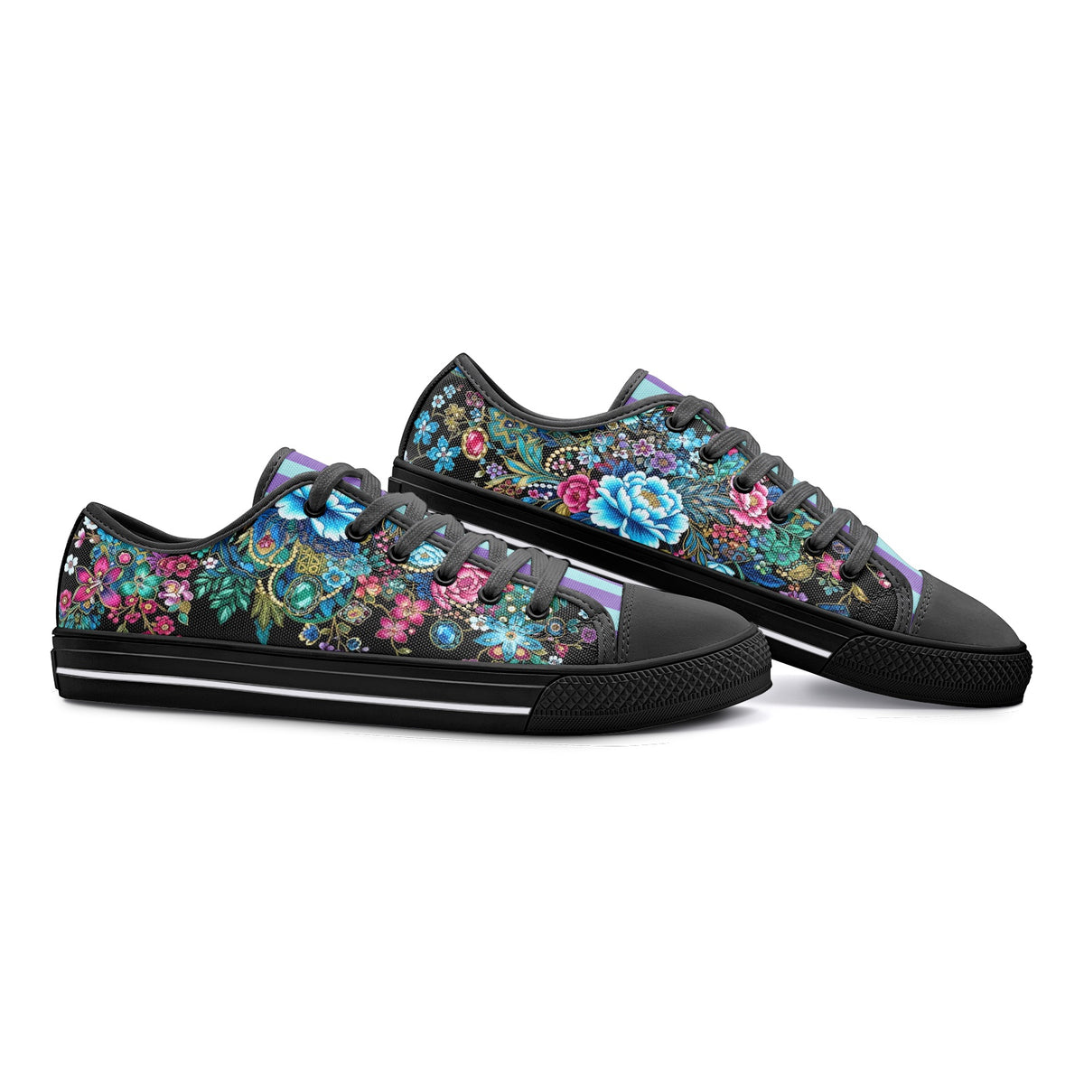 Colorful floral canvas sneakers with turquoise, pink, and blue botanical print and pastel striped tongue for men and women