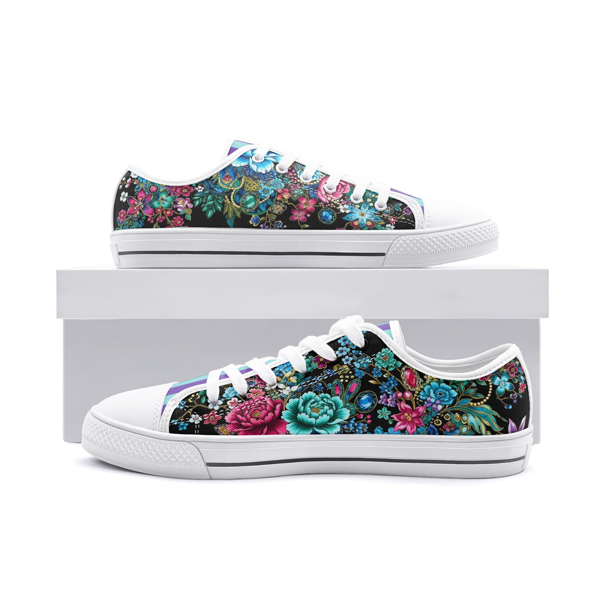 Colorful floral canvas sneakers with turquoise, pink, and blue botanical print and pastel striped tongue for men and women