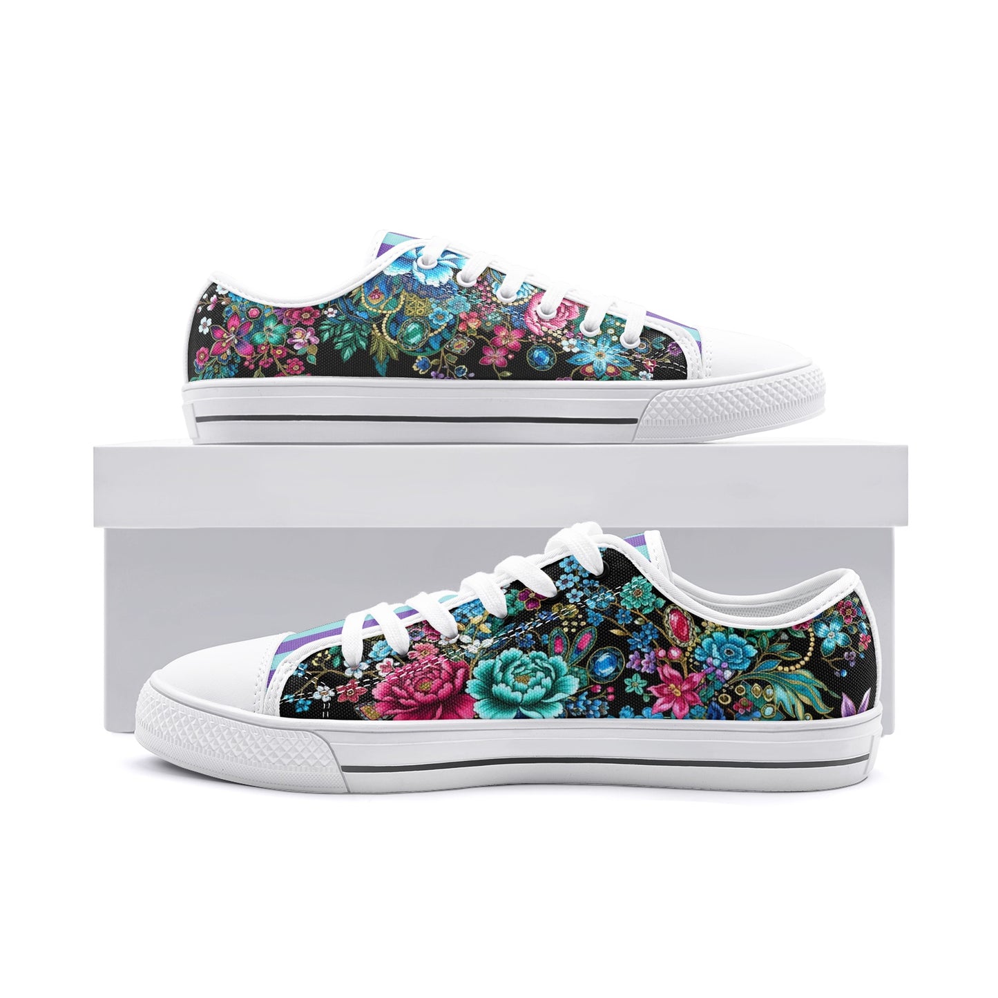ENVERA Unisex Low Top Canvas Shoes "Midnight Bloom" | Colorful Floral Sneakers | Vibrant Floral Footwear | Vivid Designer Shoes