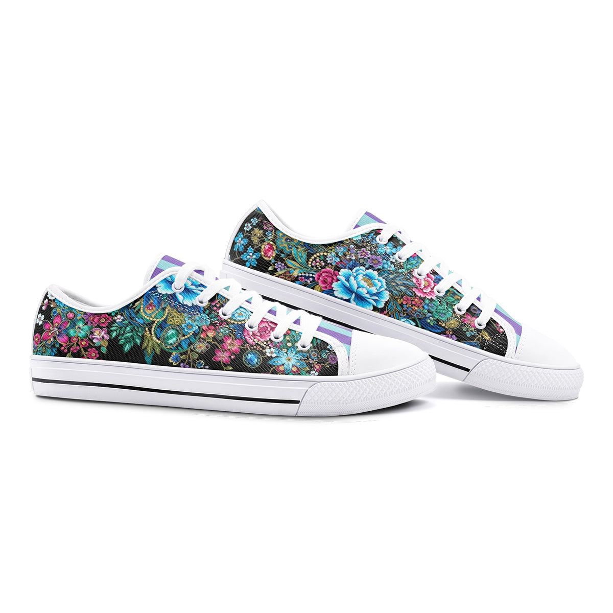 Colorful floral canvas sneakers with turquoise, pink, and blue botanical print and pastel striped tongue for men and women