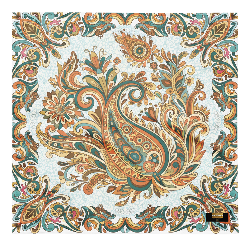 Bohemian paisley bandana featuring a colorful floral print in warm earthy tones