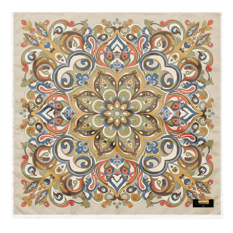 Colorful mandala bandana with ornamental floral print in beige, brown, blue, green, and coral