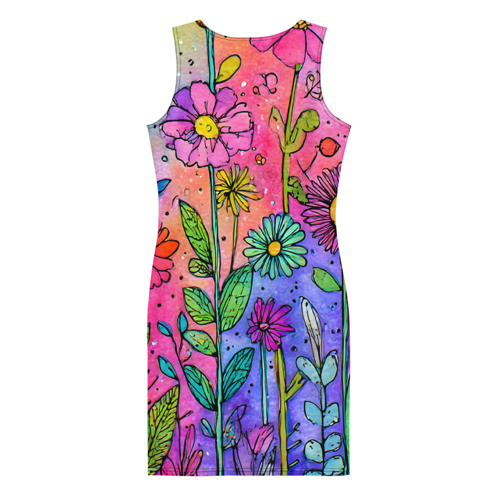 Vibrant colorful floral bodycon summer dress with a sculpted fit, combining comfort, flexibility, and bold summer statement style.