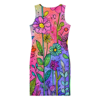 Colorful floral bodycon summer dress with watercolor wildflower print and sculpted fitted silhouette on rainbow gradient background