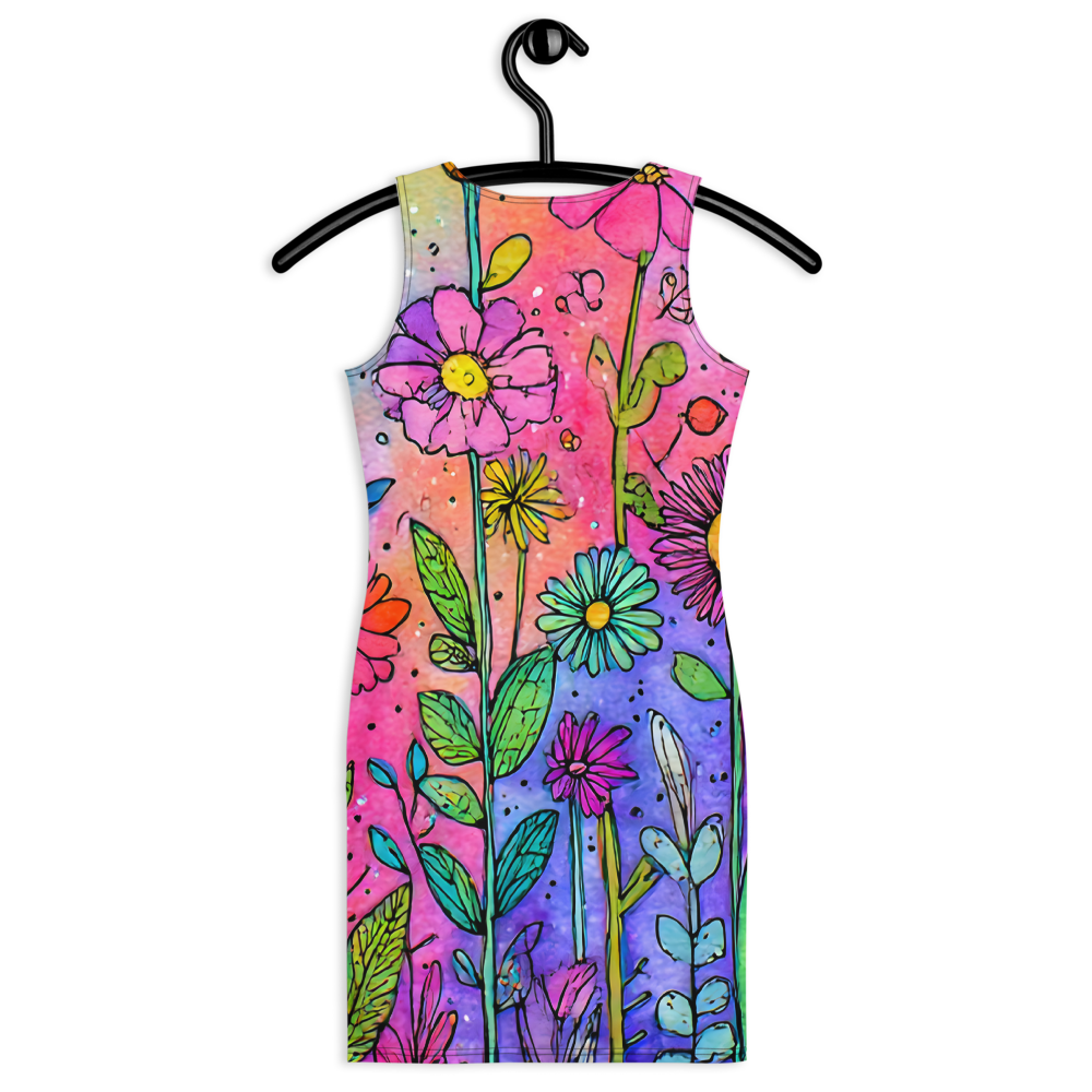 Vibrant colorful floral bodycon summer dress with a sculpted fit, combining comfort, flexibility, and bold summer statement style.