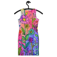 Colorful floral bodycon summer dress with watercolor wildflower print and sculpted fitted silhouette on rainbow gradient background
