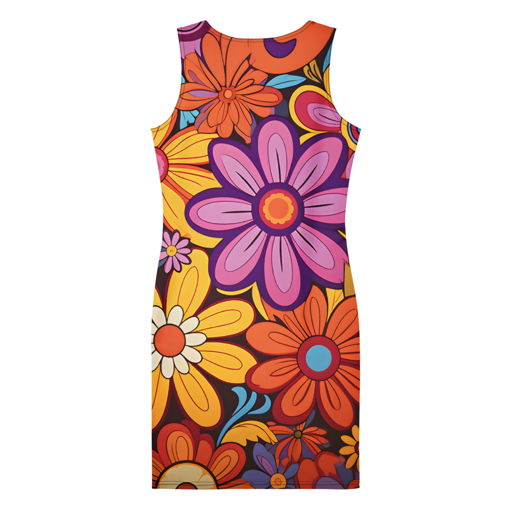 Vibrant colorful floral bodycon summer dress with a sculpted fit, combining comfort, flexibility, and bold summer statement style.