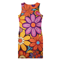 Women's retro floral bodycon dress with vibrant multicolor flower print, sleeveless fitted mini dress for spring and summer