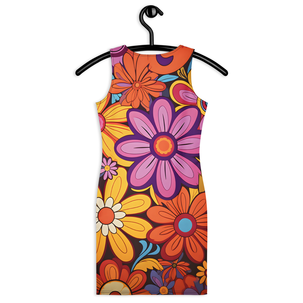Vibrant colorful floral bodycon summer dress with a sculpted fit, combining comfort, flexibility, and bold summer statement style.