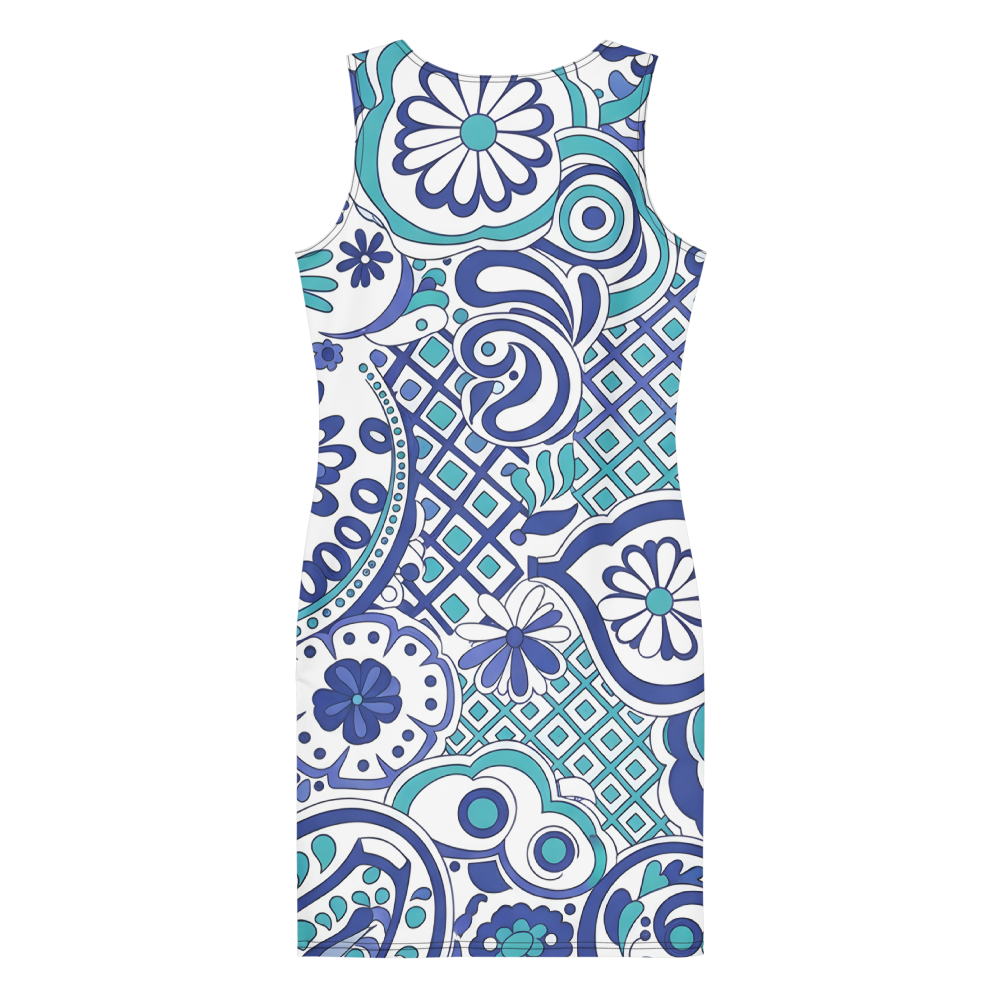 60s 70s Inspired Ibiza Blue Floral Mini Dress – Retro Swirl & Paisley Print in Royal Blue and Turquoise | Stretch Dress | Comfy Summer Dress