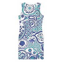 Women's 60s 70s inspired Ibiza bodycon mini dress with royal blue and turquoise retro floral paisley swirl print.