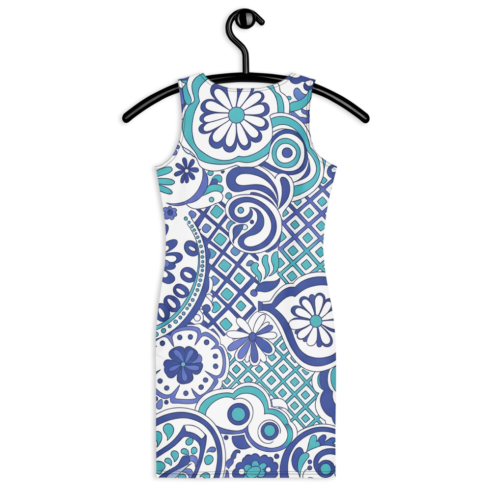60s 70s Inspired Ibiza Blue Floral Mini Dress – Retro Swirl & Paisley Print in Royal Blue and Turquoise | Stretch Dress | Comfy Summer Dress