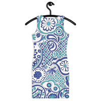 Women's vintage-inspired Ibiza bodycon mini dress featuring a bold blue paisley and floral print in royal blue, turquoise and lavender