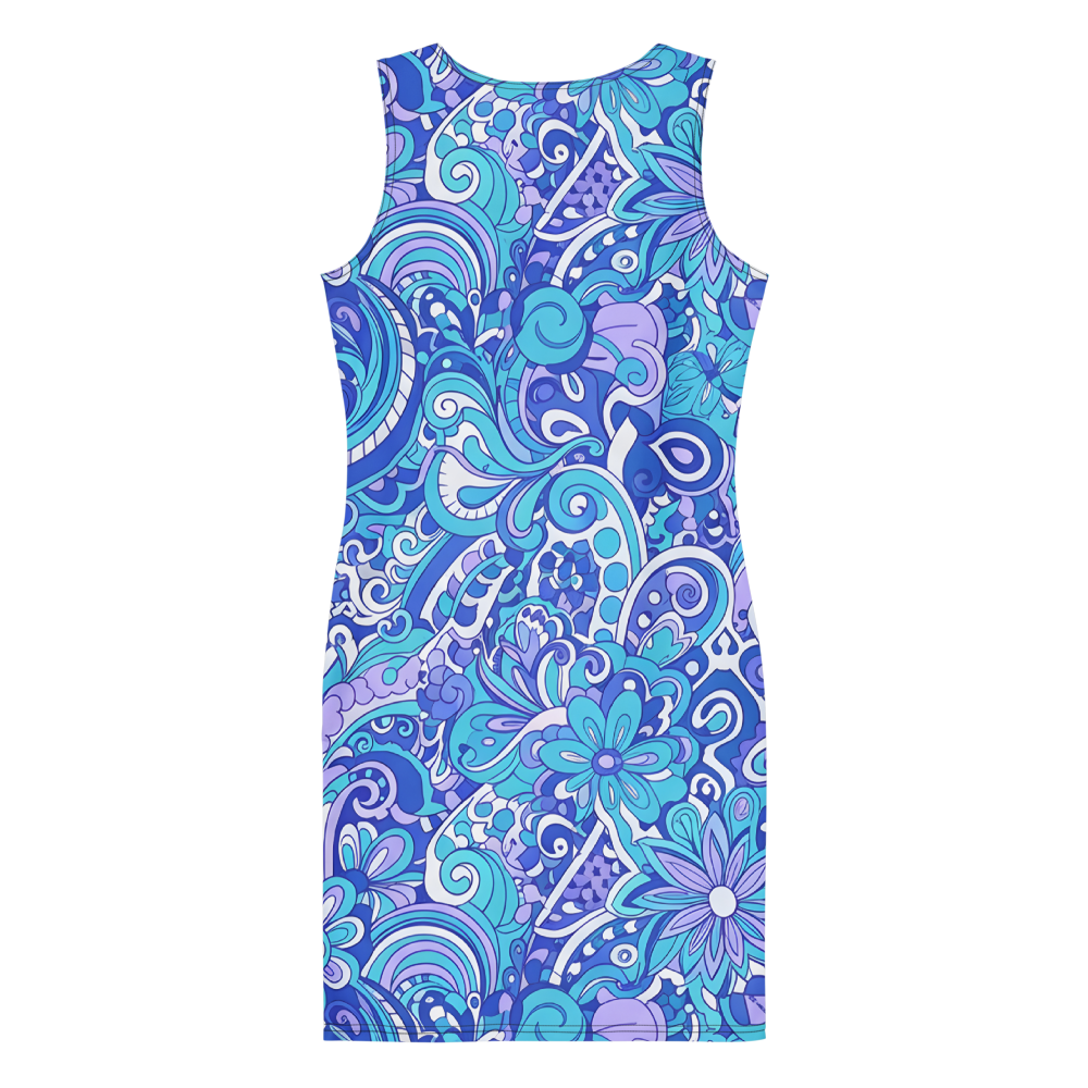 60s Inspired Ibiza Blue Paisley Mini Dress – Retro Floral Print in Royal Blue & Turquoise | Stretch Bodycon Dress | Summer Stretch Dress