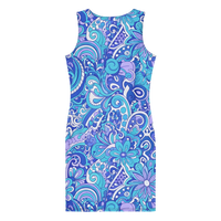 Women's vintage-inspired Ibiza bodycon mini dress featuring a bold blue paisley and floral print in royal blue, turquoise and lavender