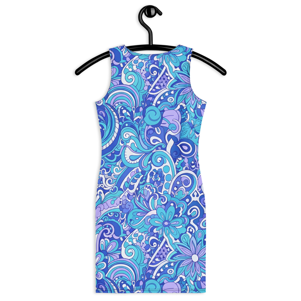 60s Inspired Ibiza Blue Paisley Mini Dress – Retro Floral Print in Royal Blue & Turquoise | Stretch Bodycon Dress | Summer Stretch Dress