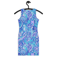 Women's vintage-inspired Ibiza bodycon mini dress featuring a bold blue paisley and floral print in royal blue, turquoise and lavender
