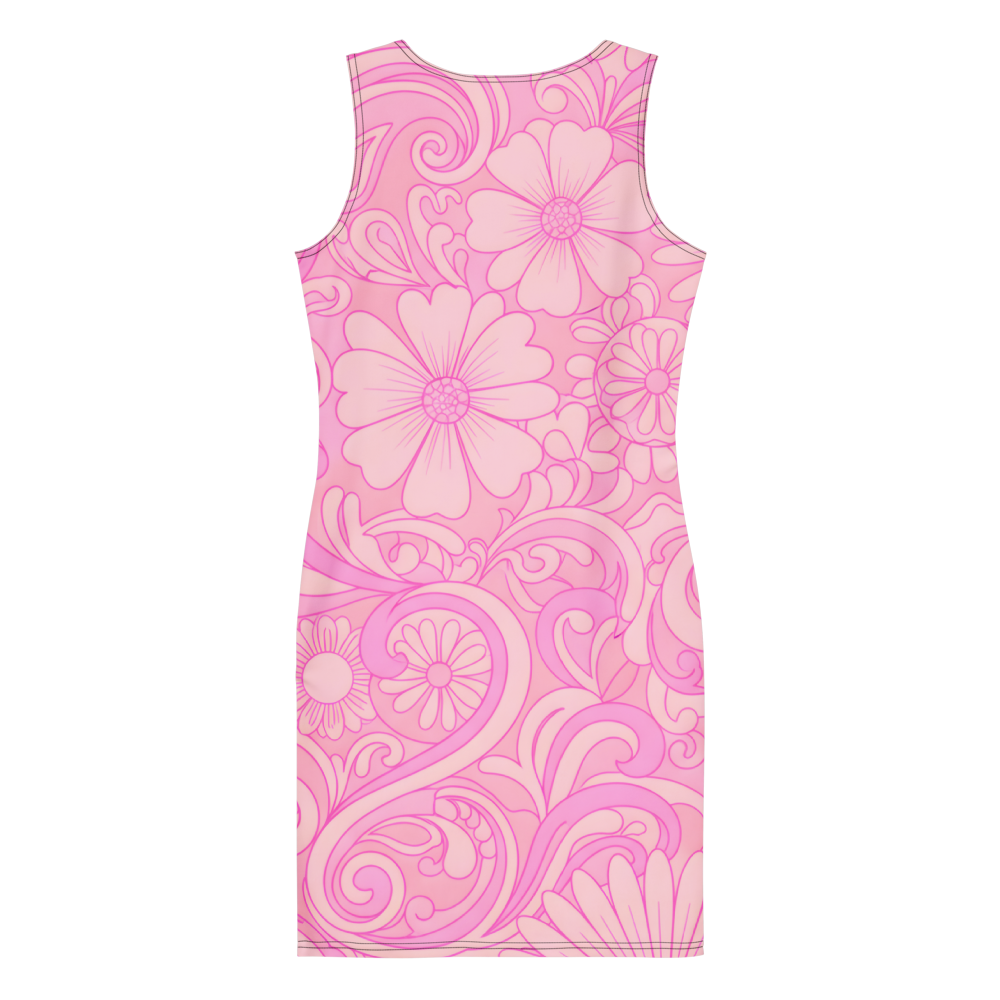 60s Inspired Ibiza Retro Peach & Pink Mini Dress – Retro Floral Print in Peach and Pink | Stretch Bodycon Dress | Summer Stretch Dress