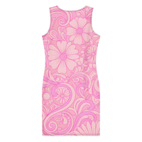 Women's 60s 70s inspired Ibiza bodycon mini dress with retro floral swirl print in peach, pink, and lavender