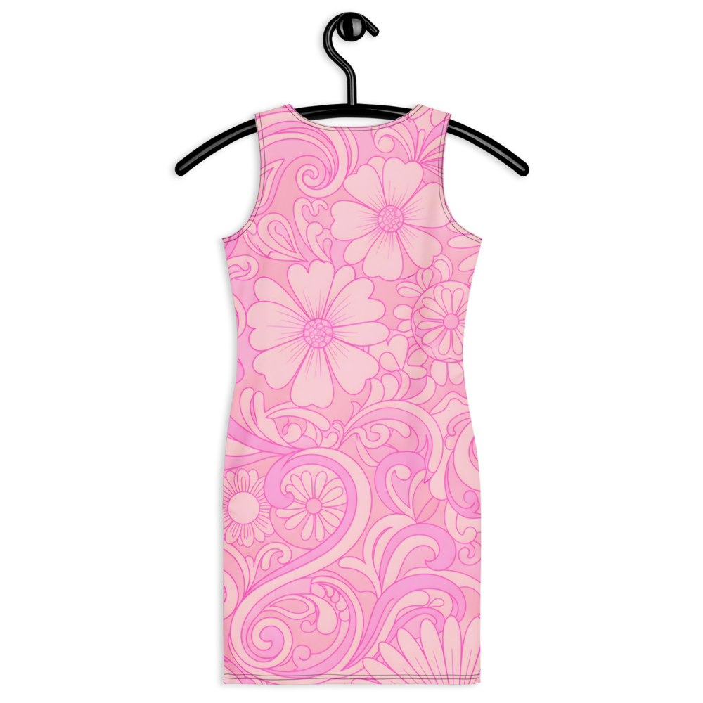 60s Inspired Ibiza Retro Peach & Pink Mini Dress – Retro Floral Print in Peach and Pink | Stretch Bodycon Dress | Summer Stretch Dress