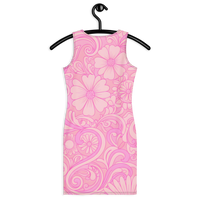 Women's 60s 70s inspired Ibiza bodycon mini dress with retro floral swirl print in peach, pink, and lavender