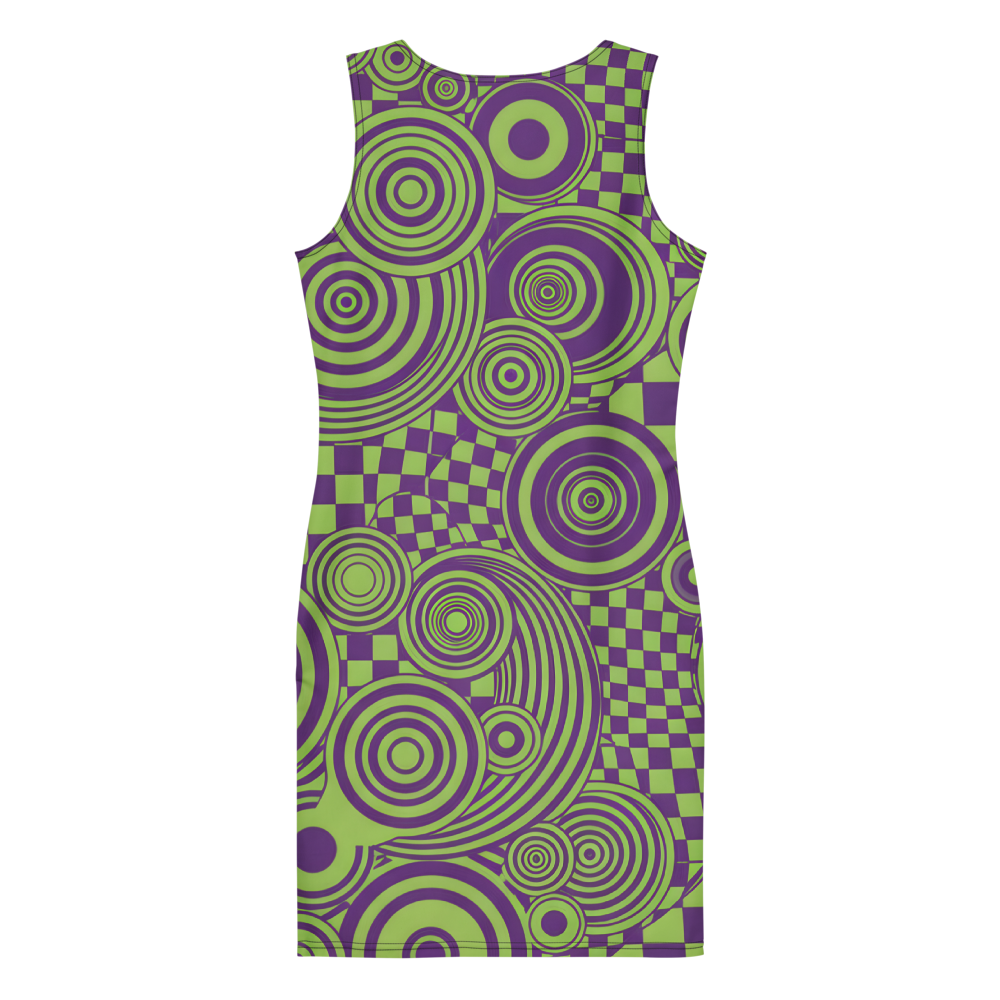 Retro Inspired Psychedelic Mini Dress – Psychedelic Print in Deep Purple & Bright Lime Green | Stretch Bodycon Dress | Summer Stretch Dress