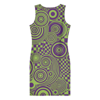Women's colorful psychedelic bodycon mini dress with bold purple and lime green geometric swirl print