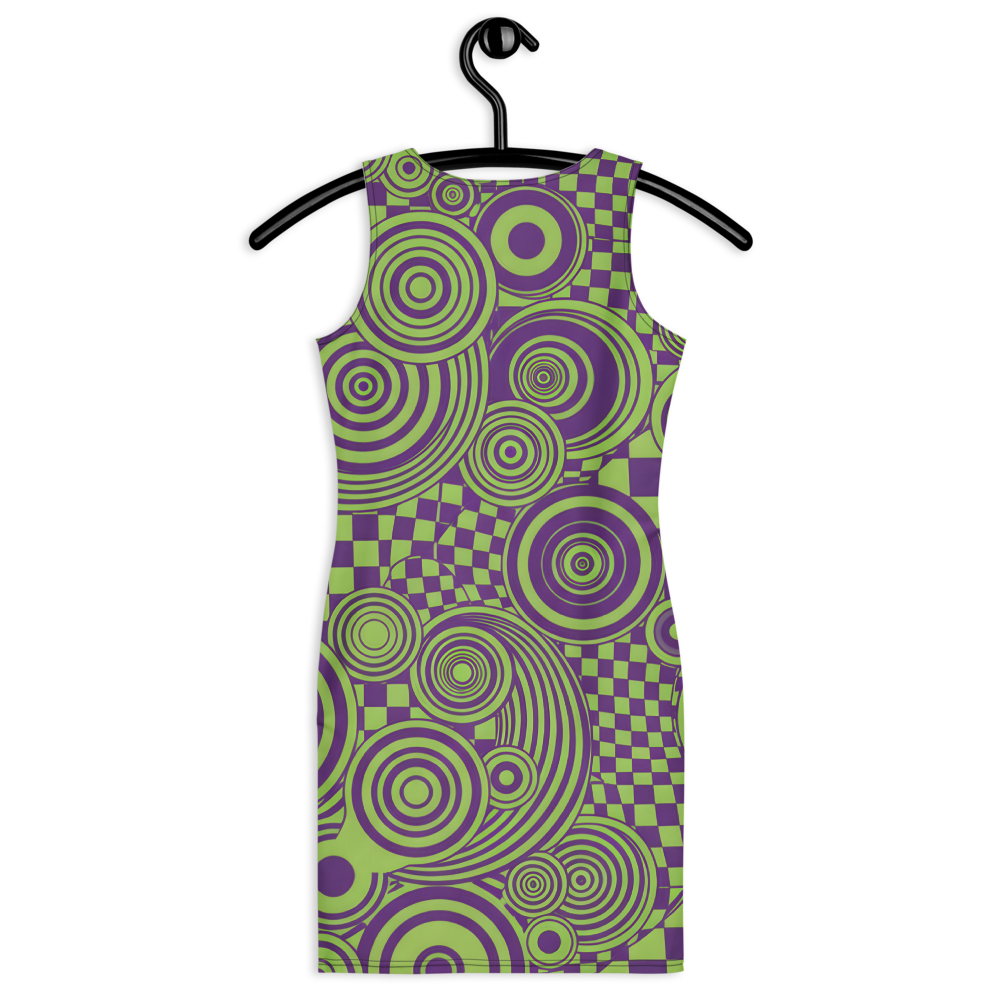 Retro Inspired Psychedelic Mini Dress – Psychedelic Print in Deep Purple & Bright Lime Green | Stretch Bodycon Dress | Summer Stretch Dress