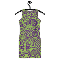 Women's colorful psychedelic bodycon mini dress with bold purple and lime green geometric swirl print